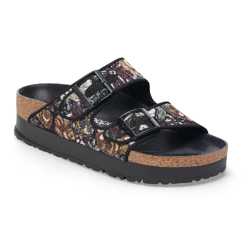 Papillio Arizona Platform black brocade textile by Birkenstock