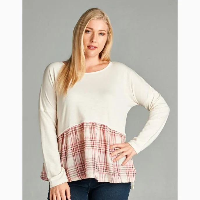 BD Collection Women's Ivory and Red Plaid Ruffle Shirt