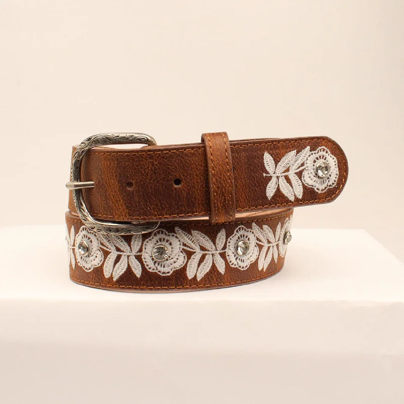 M & F Women's Tan and White Embroidered Flower Belt