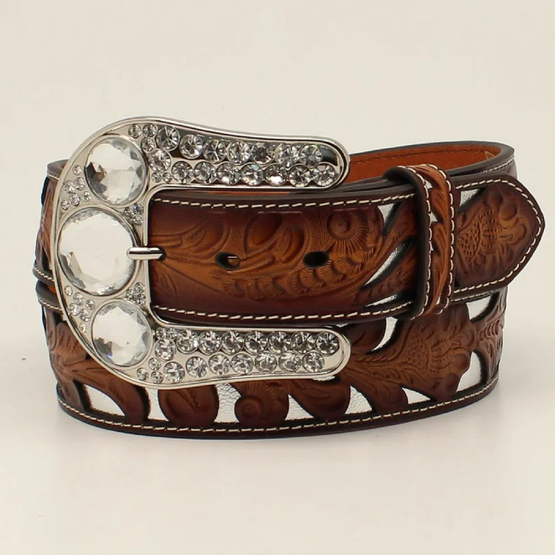 Angel Ranch Ladies Tan & Silver Floral Overlay Belt