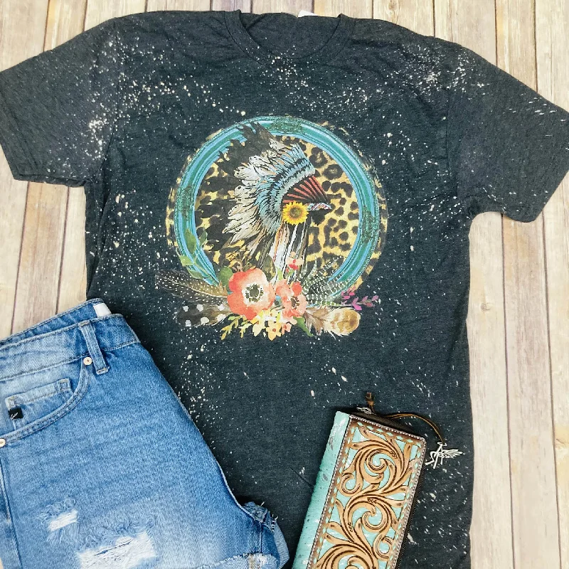 Black Bleach Spray Graphic Tee - Multi Layered Colorful Headdress