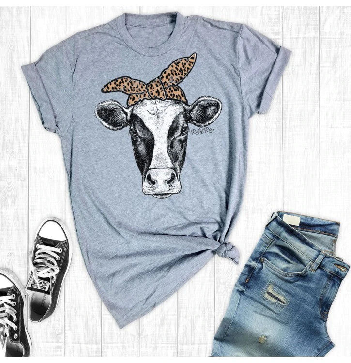 Rebel Rose Cow Head with Leopard Bandana Graphic Tee