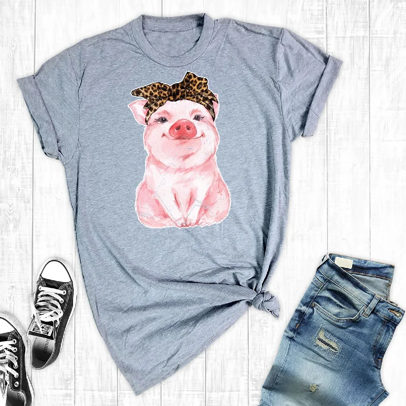 Rebel Rose Lt. Grey Graphic Tee - Watercolor Pig Leopard Bandana