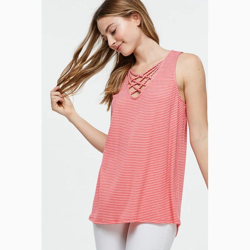 Women's Coral and White Stripe Criss Cross Tank